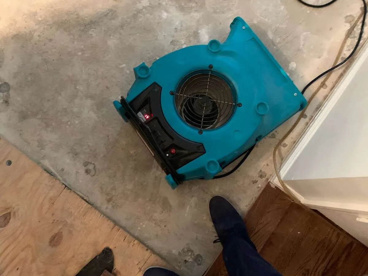 Air mover drying subfloor during Commercial Water Damage Restoration in Rupert